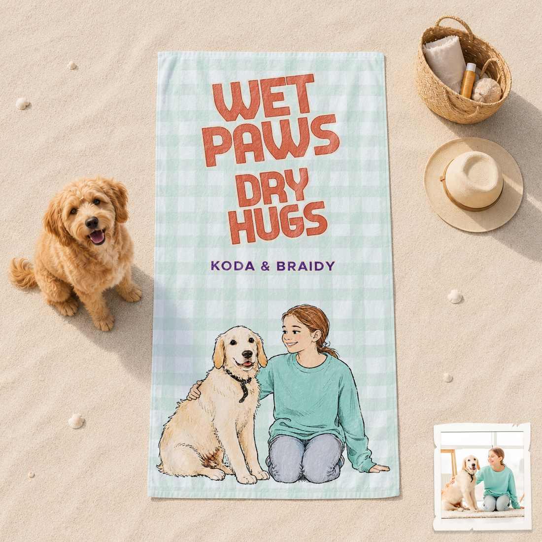 Personalized Pet and Owner Sketch Doodle Beach Towel with Custom Text, Hand-Drawn Summer Gift for Pet Lovers