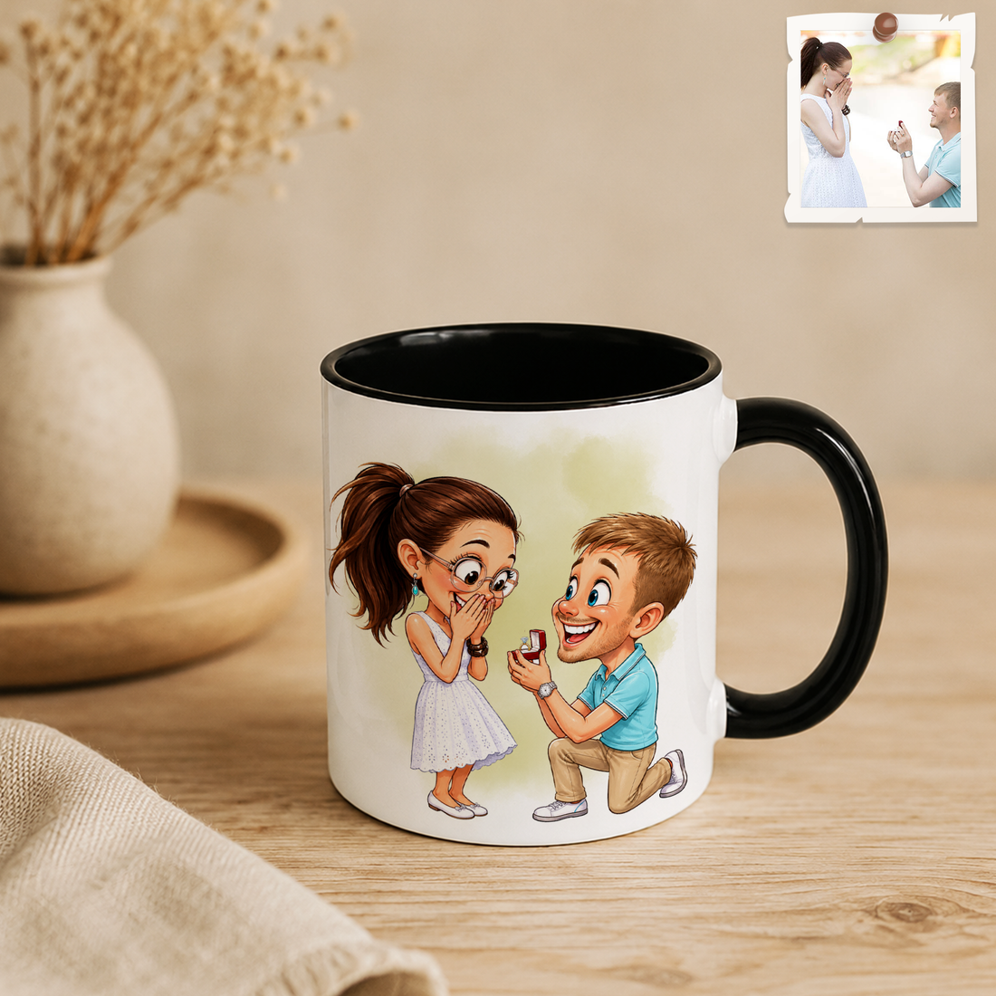 Personalized Wedding Photo to Caricature Art Accent Mug with Custom Text - 11, 15 oz
