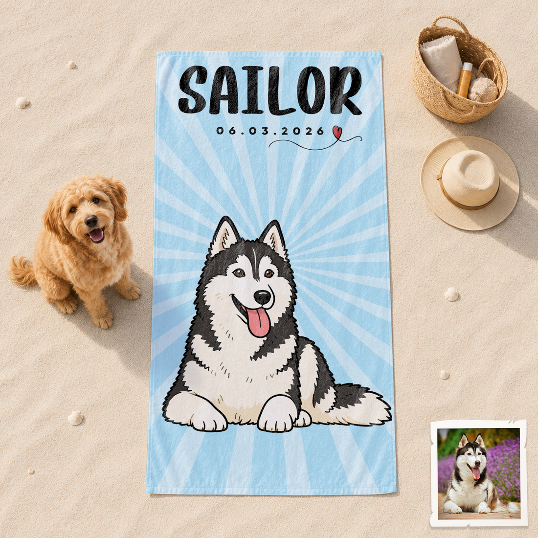 Personalized Pet Portrait Funny Doodle Beach Towel with Custom Text, Cute Summer Gift for Dog and Cat Lovers
