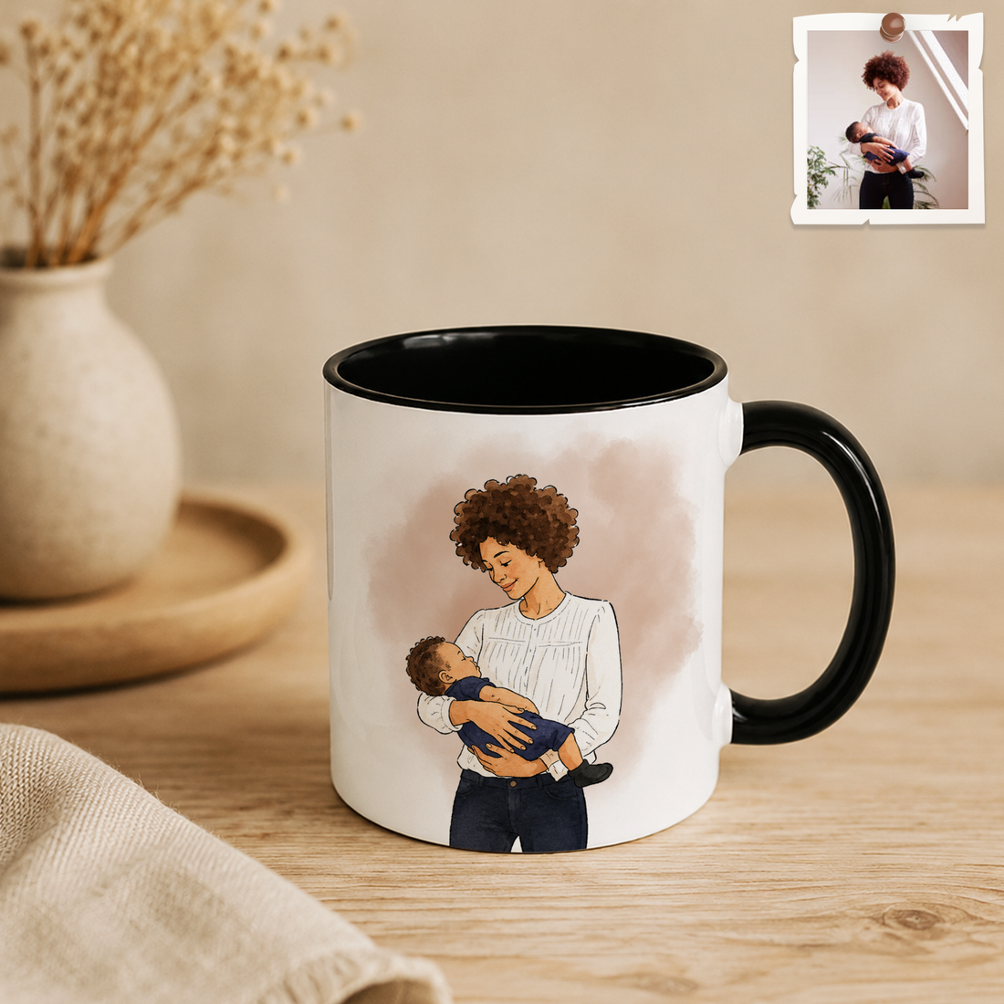 Personalized First Time Mom Photo to Water Color Doodle Accent Mug with Custom Text