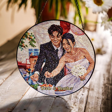 Personalized Wedding Illustration Glass Suncatcher - Custom Gift for Bride & Groom, Romantic Anniversary & Newlywed Window Decor