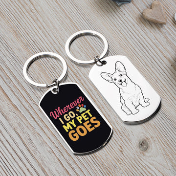 Personalized Pet Photo Line Art Keychain - Custom "Wherever I Go, My Pet Goes" Quote with Engraved Stainless Steel Portrait