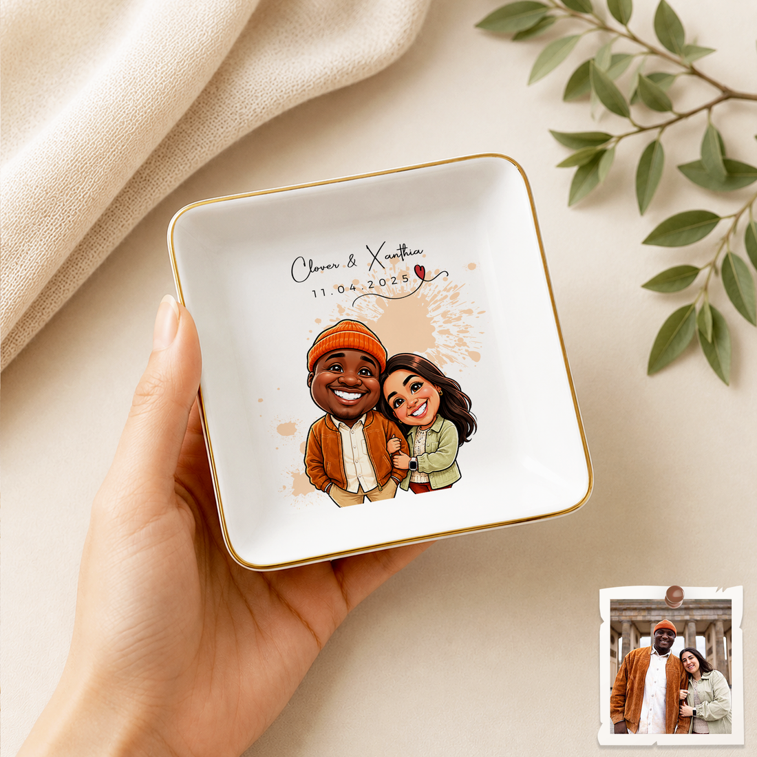 Personalized Couple Photo Caricature Trinket Dish with Custom Text, Custom Romantic Keepsake Gift