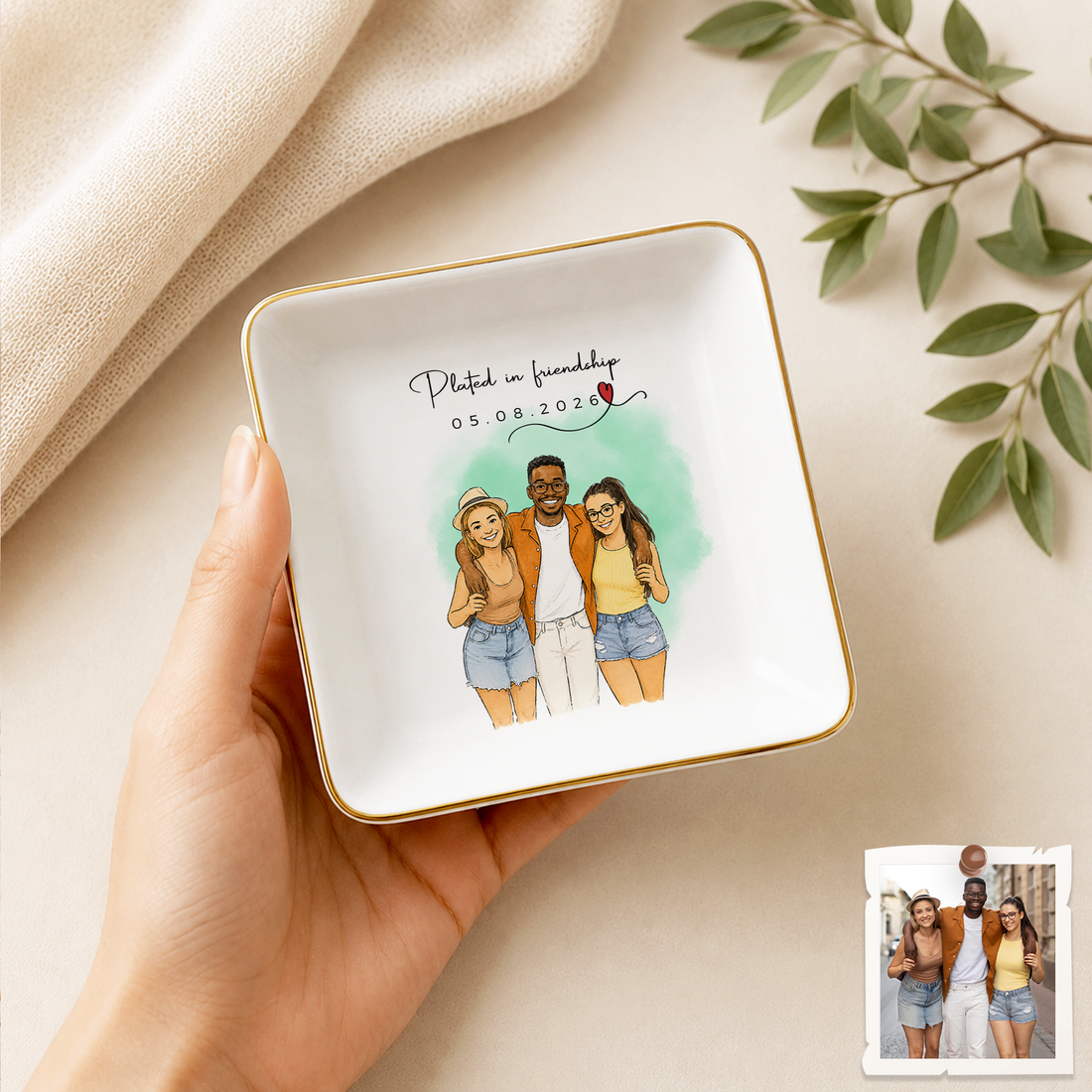 Personalized Friend Photo Water Color Doodle Trinket Dish with Custom Text, Custom Best Friend Keepsake Gift