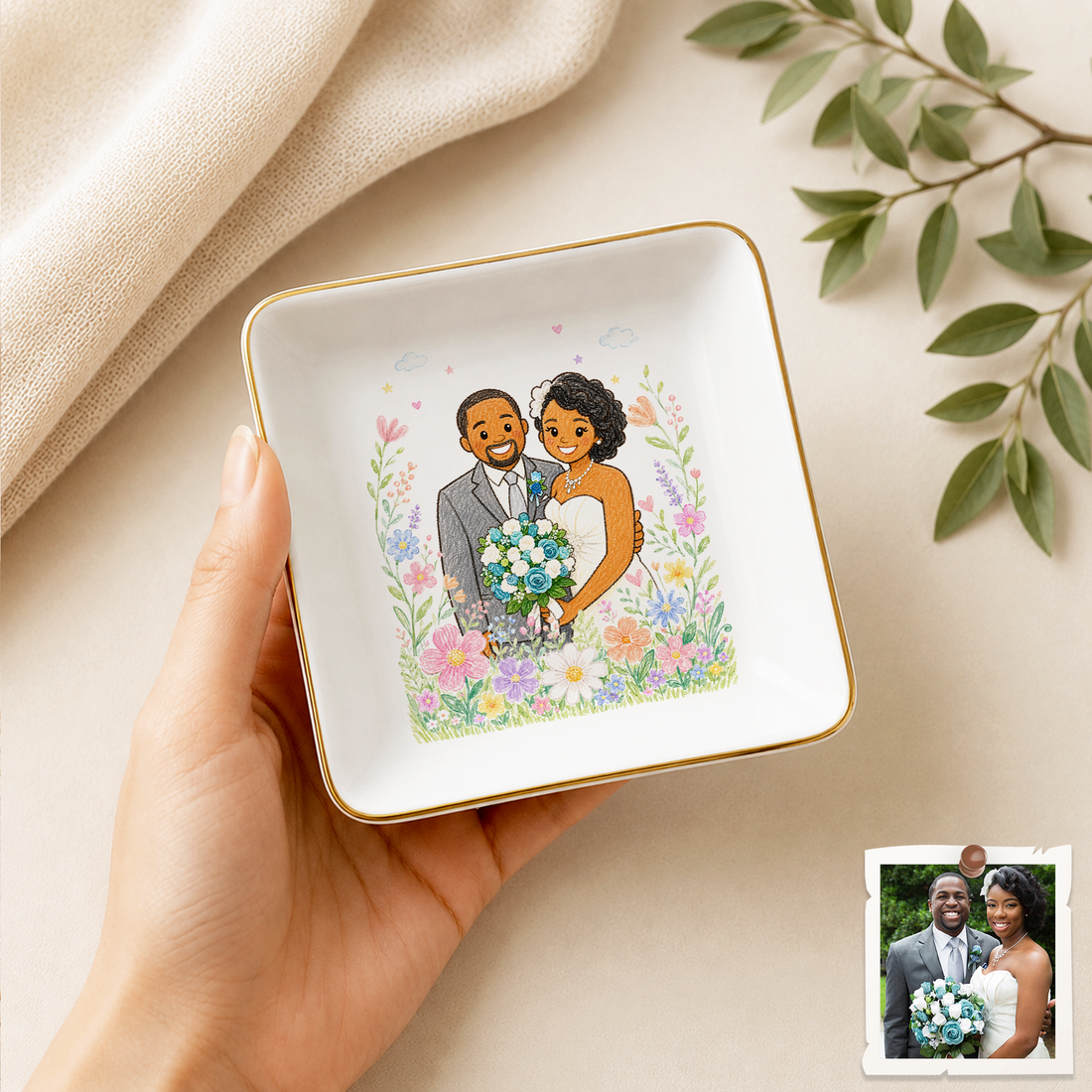 Personalized Wedding Photo Crayon Doodle Trinket Dish with Custom Text, Custom Bride and Groom Keepsake Gift