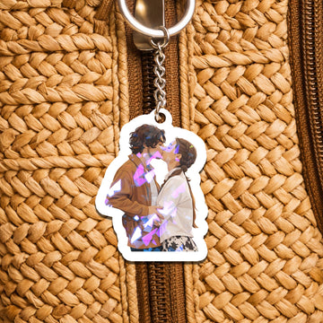 Personalized Lover Illustration Hologram Keychain - Custom Couple Photo Art with Star & Broken Glass Shimmer Effects