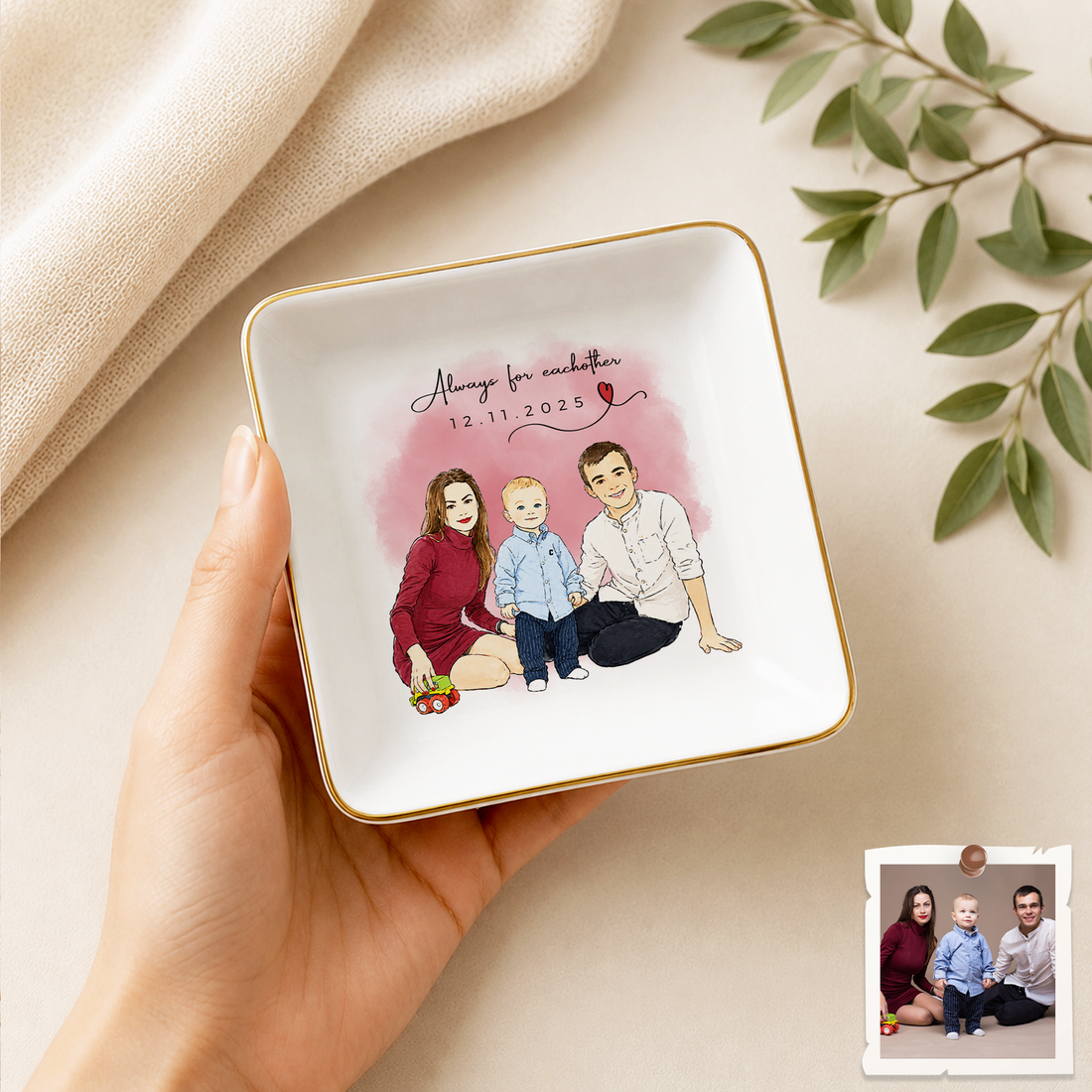 Personalized Big Family Photo Water Color Doodle Trinket Dish with Custom Text, Custom Family Keepsake Gift
