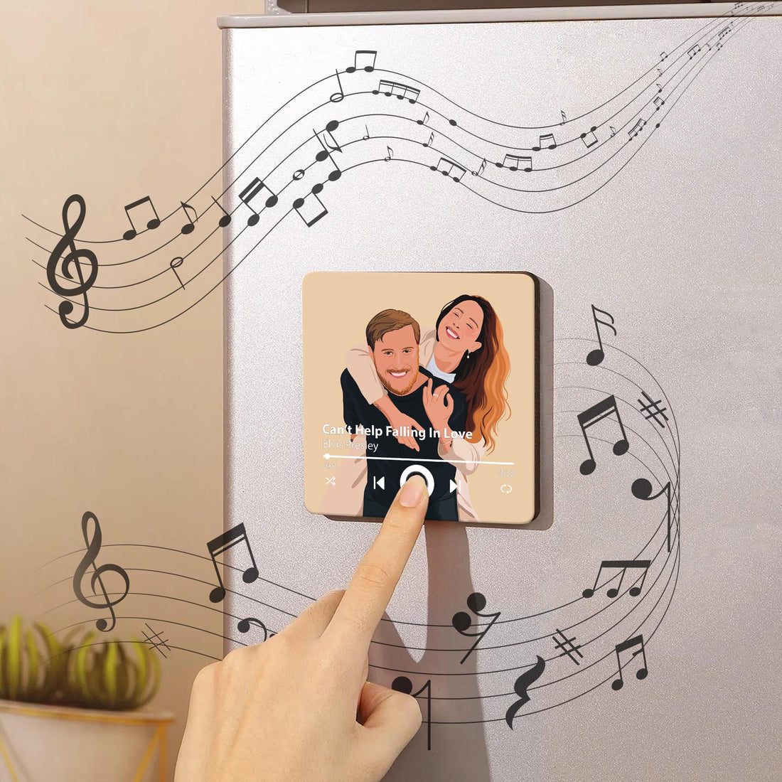 Personalized Lover and Wedding Illustration Music Fridge Magnet - Custom Photo Art & Song Recording Keepsake for Couples