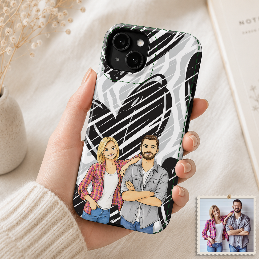 Tough Phone Case for iPhone & Samsung, Personalized Couples Water Color Doodle Case with Custom Text