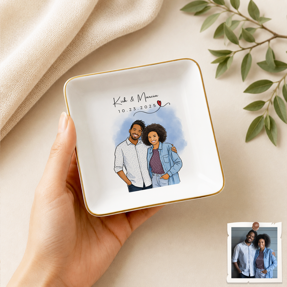 Personalized Couples Photo Water Color Doodle Trinket Dish with Custom Text, Custom Romantic Keepsake Gift