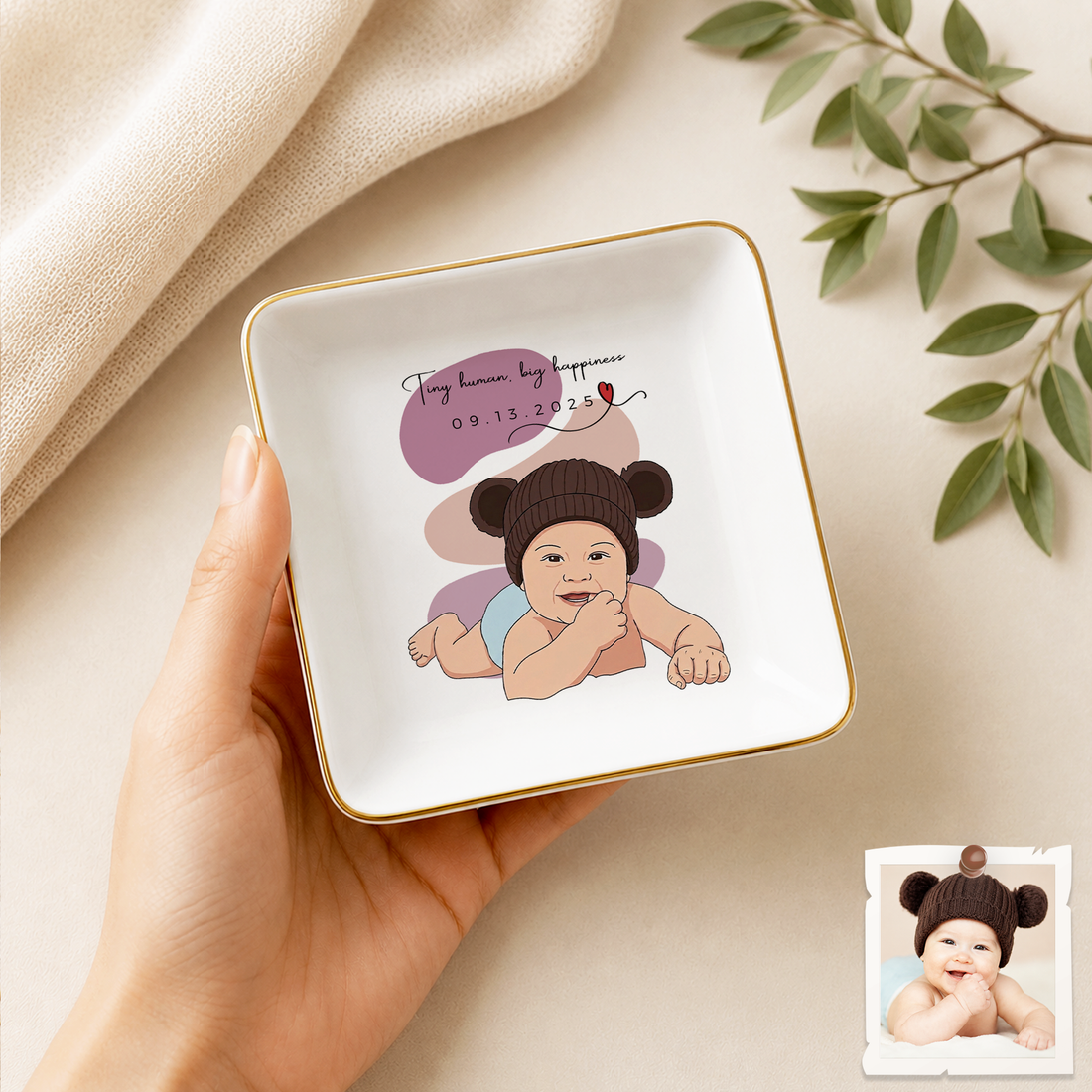 Personalized Baby Photo Illustration Trinket Dish with Custom Text, Custom Baby Keepsake Gift