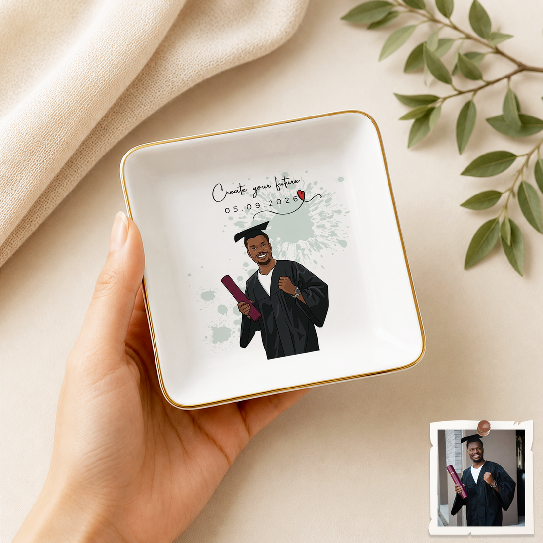 Personalized Graduation Photo Illustration Trinket Dish with Custom Text, Custom Graduate Keepsake Gift