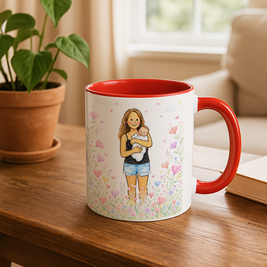 Personalized With Mom Photo to Crayon Doodle Accent Mug with Custom Text - 11, 15 oz
