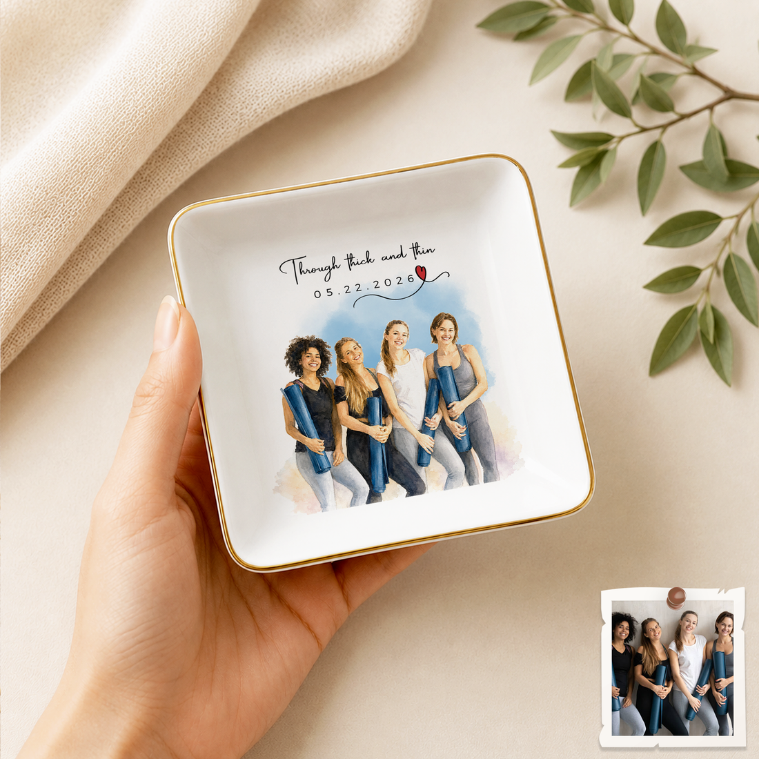 Personalized Friend Photo Water Color Trinket Dish with Custom Text, Custom Best Friend Keepsake Gift