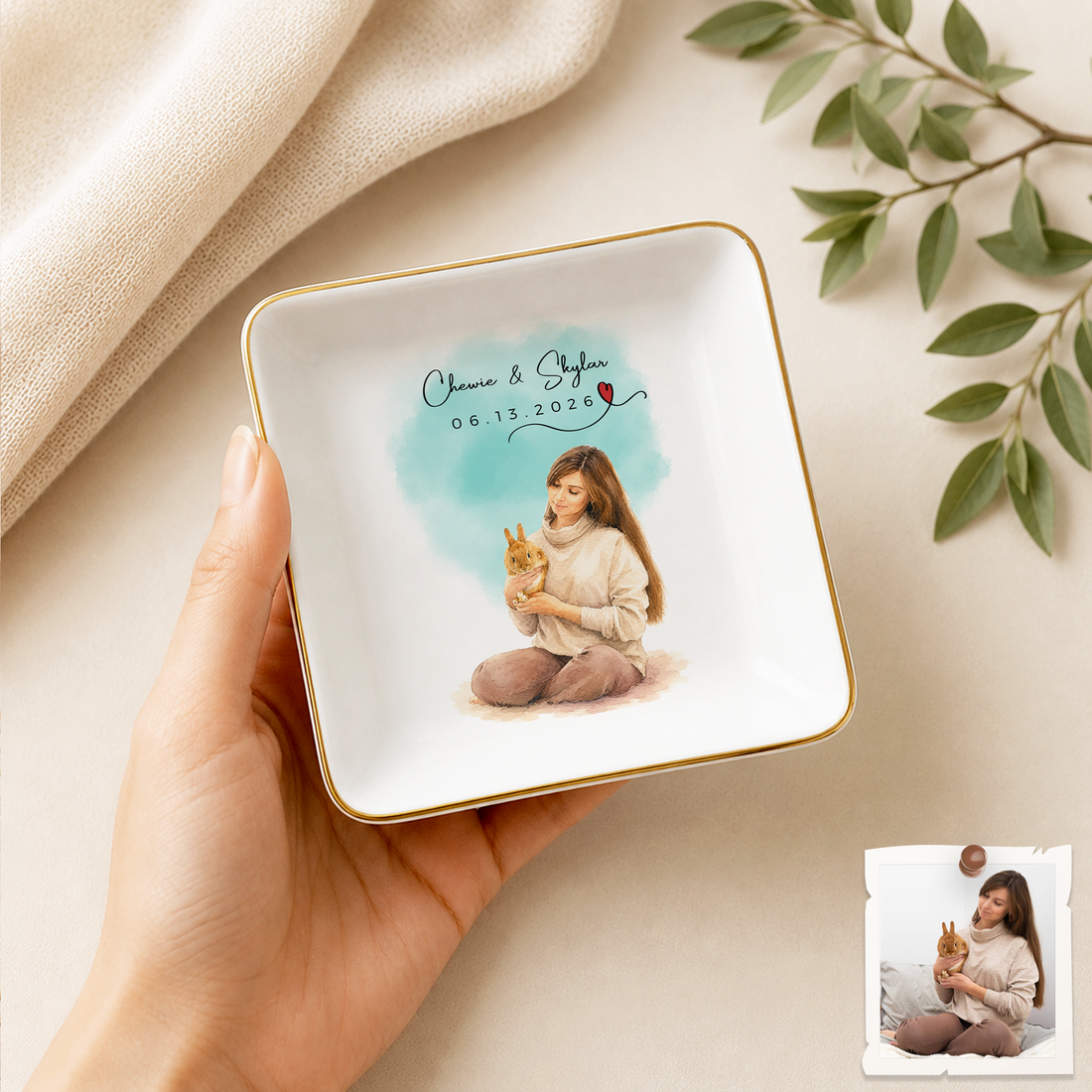 Custom Pet & Owner Photo Water Color Trinket Dish with Personalized Text, Custom Pet Parent Keepsake Gift