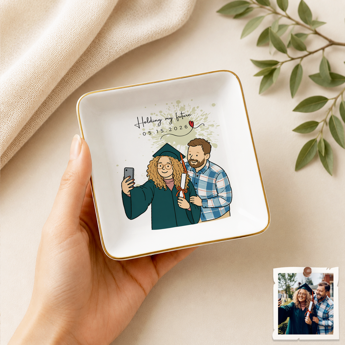 Personalized Graduation Photo Funny Doodle Trinket Dish with Custom Text, Custom Graduate Keepsake Gift