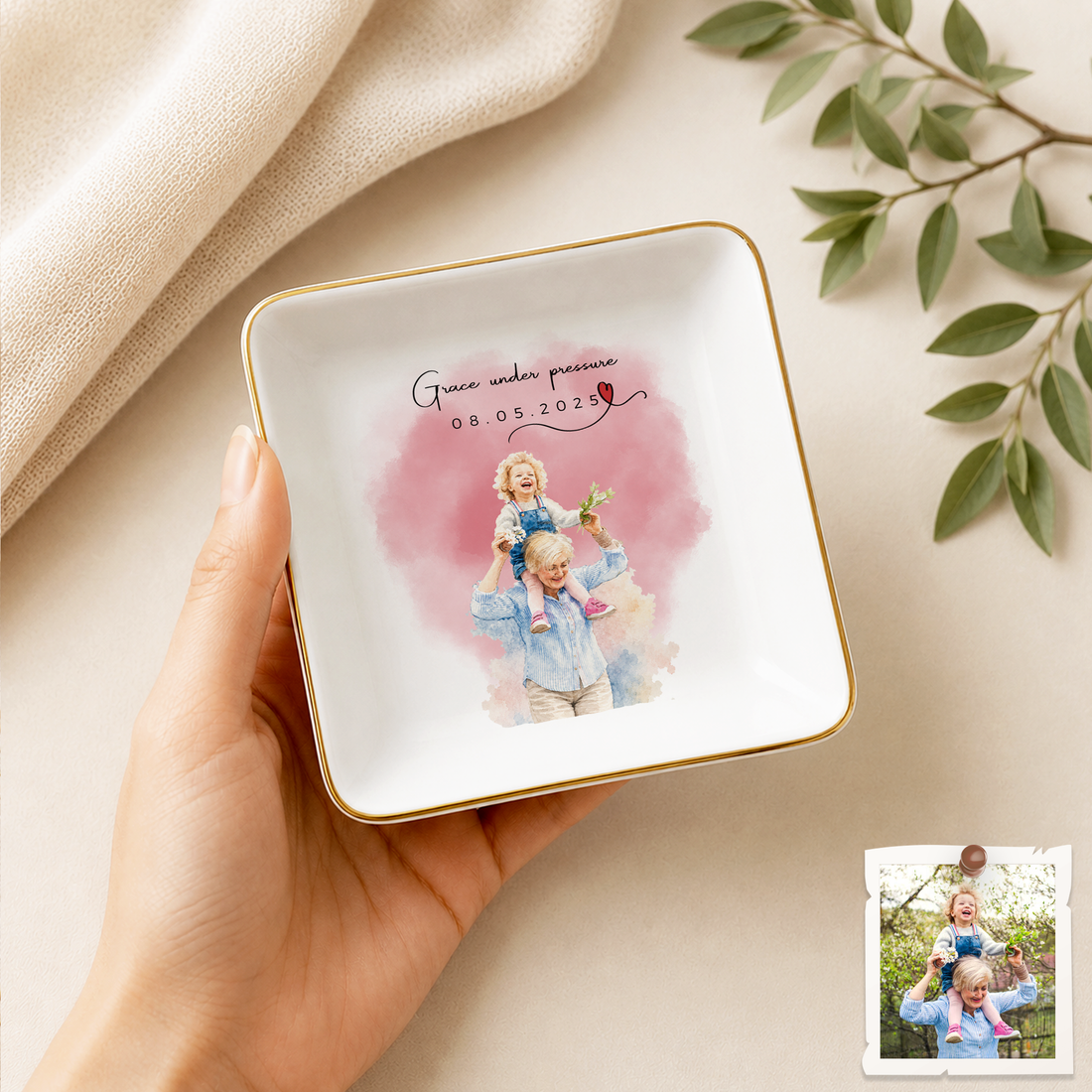 Personalized With Mom Photo Water Color Trinket Dish with Custom Text, Custom Mother Keepsake Gift
