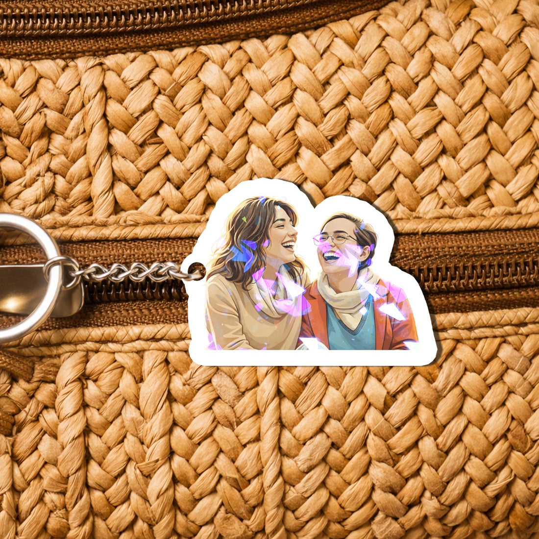 Personalized Bestie Illustration Hologram Keychain - Custom Friend Photo Art with Star & Broken Glass Shimmer Effects