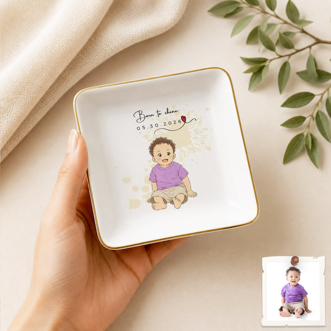 Personalized Baby Photo Anime Illustration Trinket Dish with Custom Text, Custom Baby Keepsake Gift