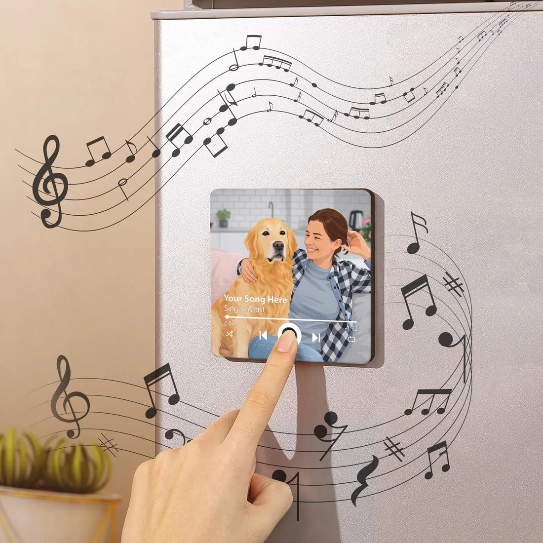 Personalized Pet Illustration Music Fridge Magnet - Custom Paw-trait Art & Song Recording Keepsake for Pet Lovers