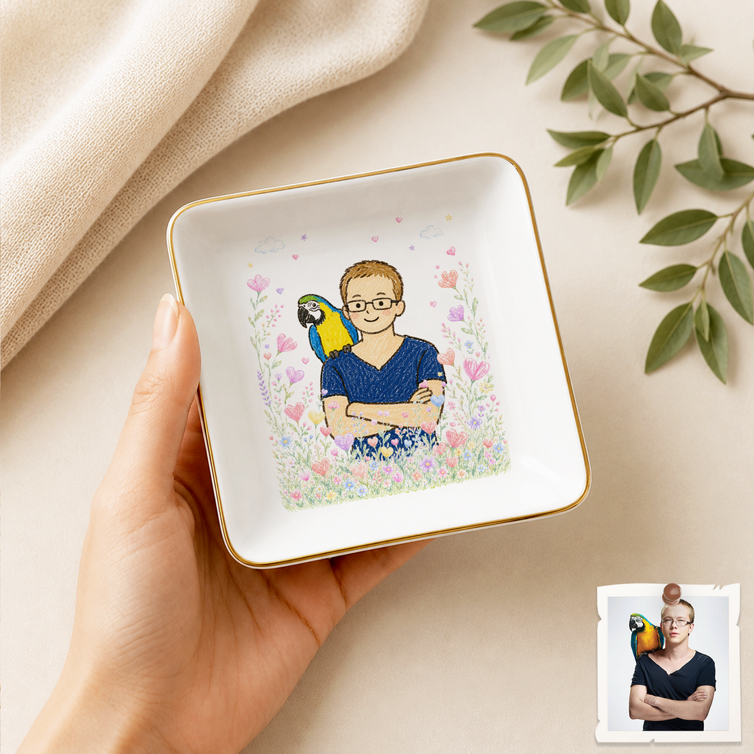 Custom Pet & Owner Photo Crayon Doodle Trinket Dish with Personalized Text, Cute Pet Parent Keepsake Gift