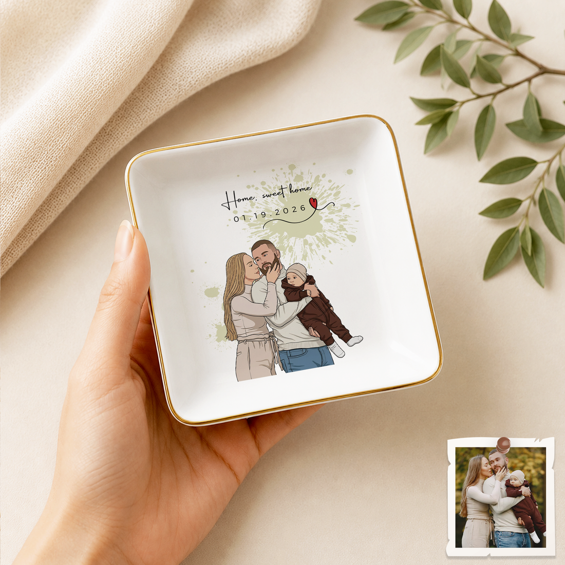 Personalized Big Family Photo Illustration Trinket Dish with Custom Text, Custom Family Keepsake Gift