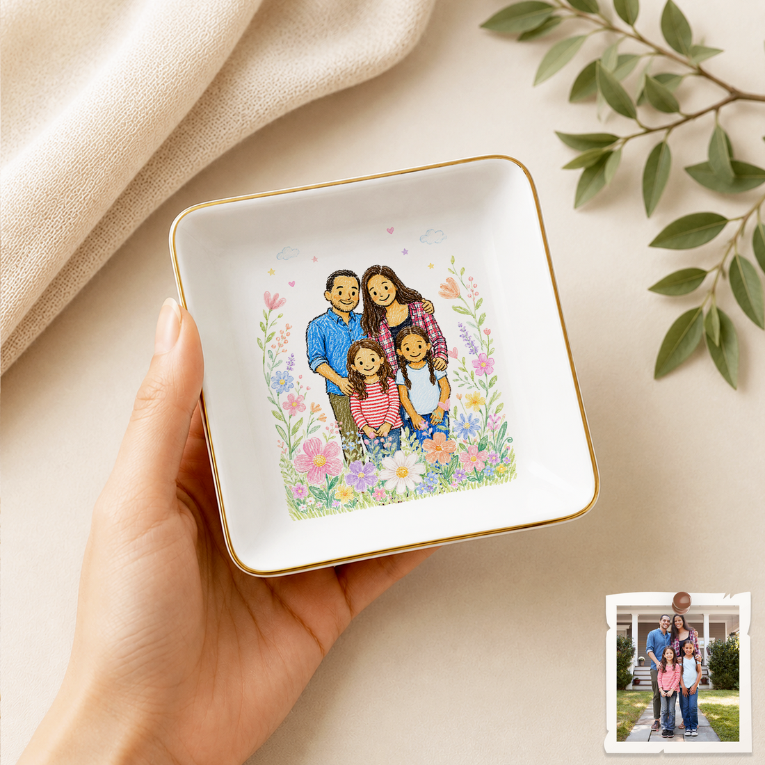 Personalized Family Photo Crayon Doodle Trinket Dish with Custom Text, Custom Family Keepsake Gift