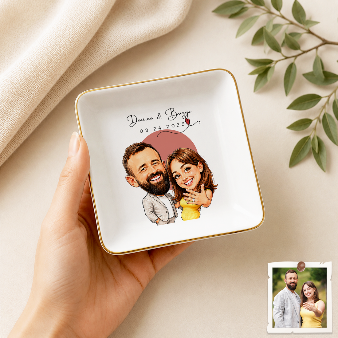 Personalized Wedding Photo Caricature Trinket Dish with Custom Text, Custom Bride and Groom Keepsake Gift
