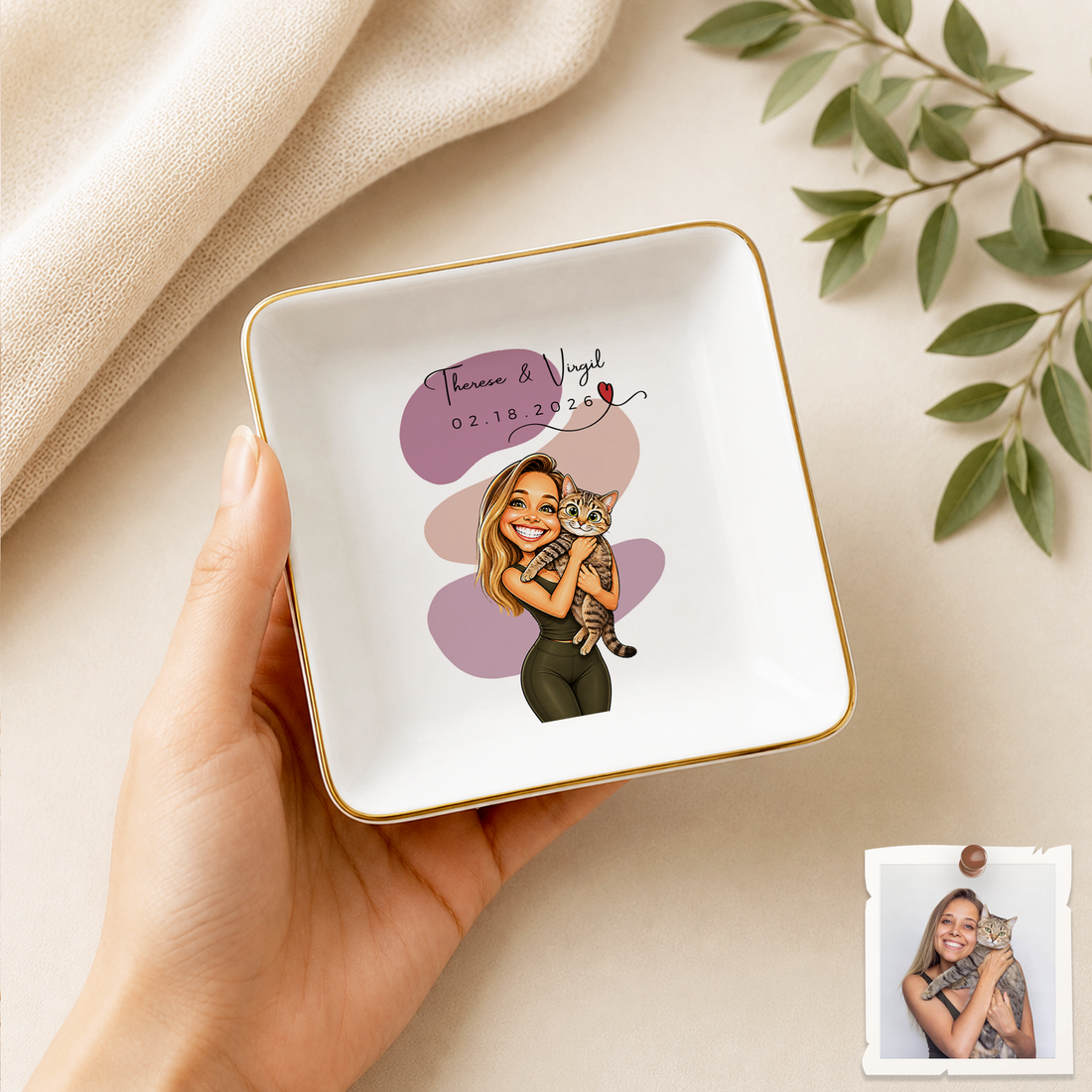 Custom Pet & Owner Photo Caricature Trinket Dish with Personalized Text, Funny Pet Lover Keepsake Gift