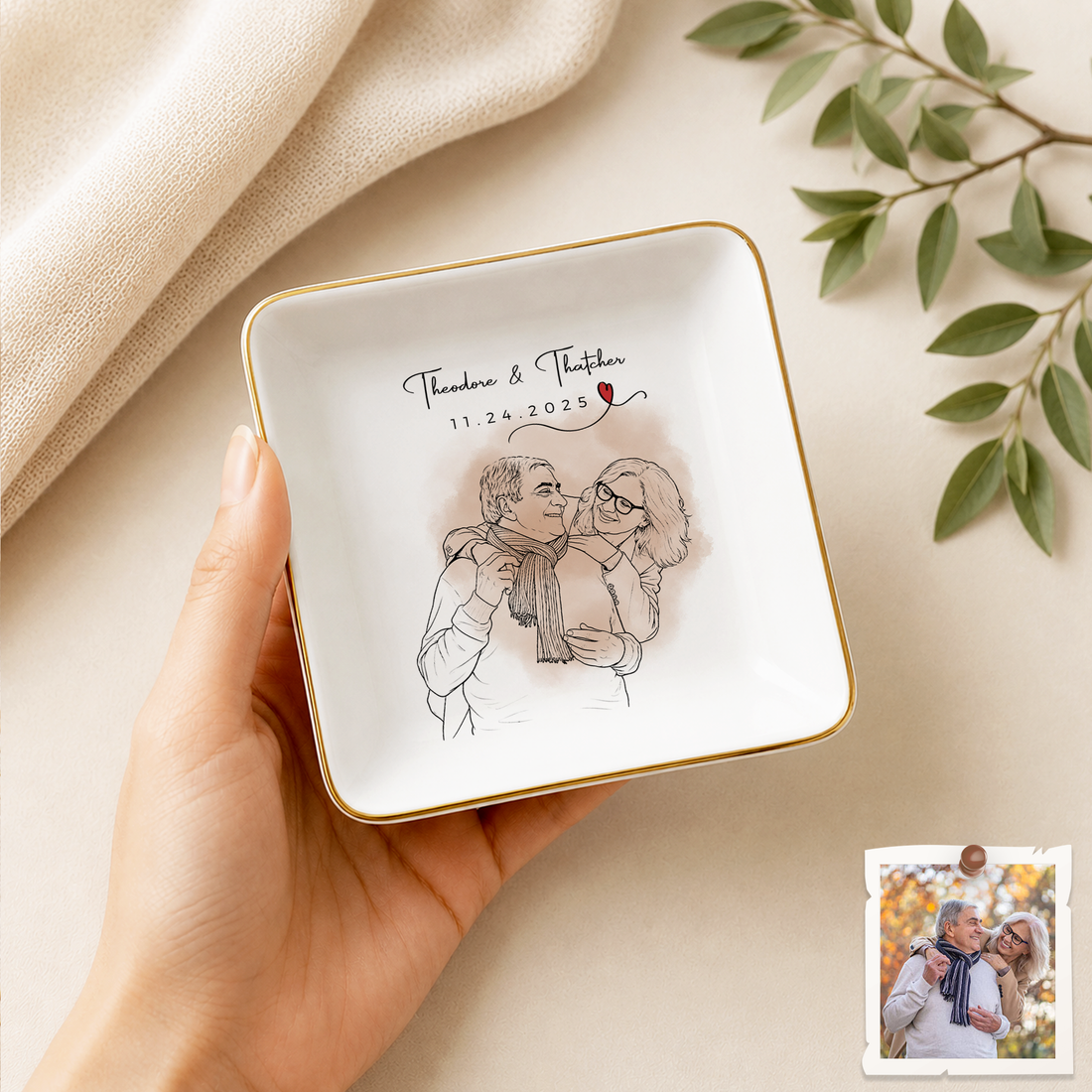 Personalized Couple Photo Detailed Line Art Trinket Dish with Custom Text, Custom Romantic Keepsake Gift