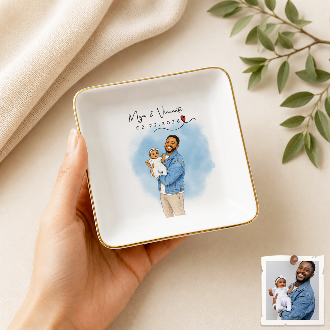 Personalized Baby With Dad Photo Water Color Doodle Trinket Dish with Custom Text, Custom Father and Baby Keepsake Gift