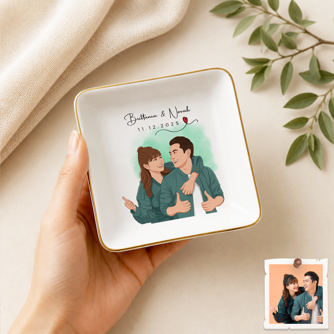 Personalized Young Couple Illustration Trinket Dish with Custom Text