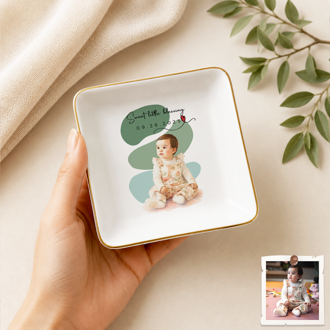 Personalized Baby Photo Water Color Trinket Dish with Custom Text, Custom Baby Keepsake Gift