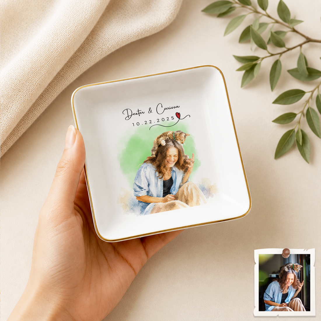 Custom Cat & Owner Photo Water Color Trinket Dish with Personalized Text, Custom Cat Lover Keepsake Gift
