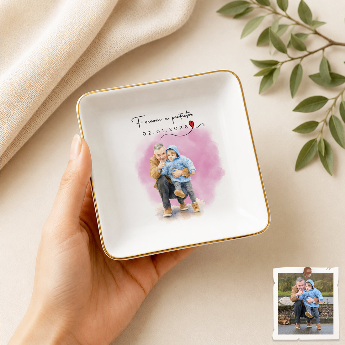 Personalized With Dad Photo Water Color Trinket Dish with Custom Text, Custom Father Keepsake Gift