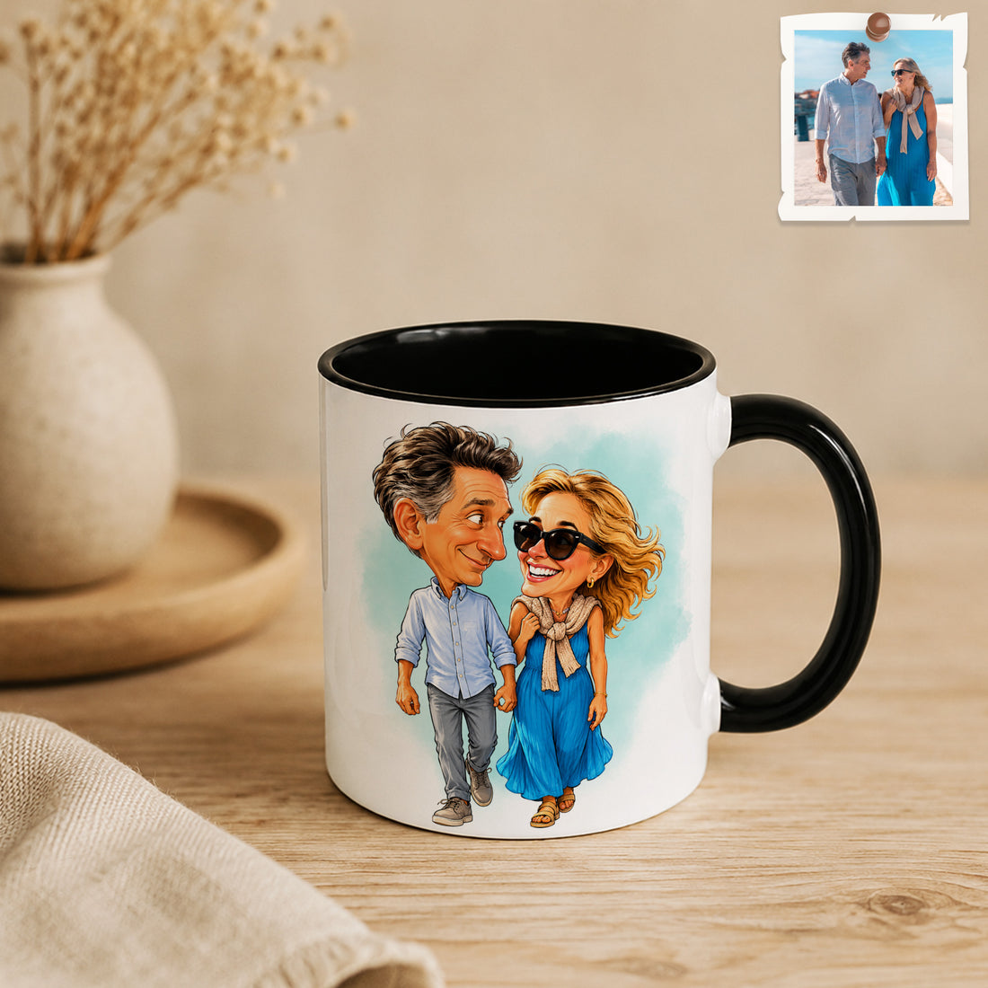 Personalized Family Photo to Caricature Art Accent Mug with Custom Text - 11, 15 oz