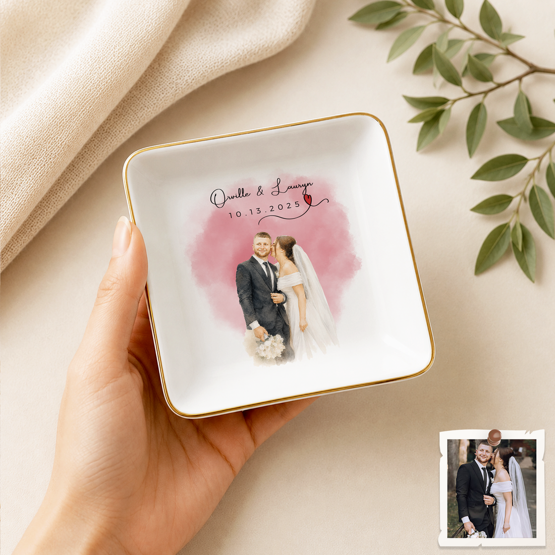 Personalized Wedding Photo Water Color Trinket Dish with Custom Text, Custom Bride and Groom Keepsake Gift