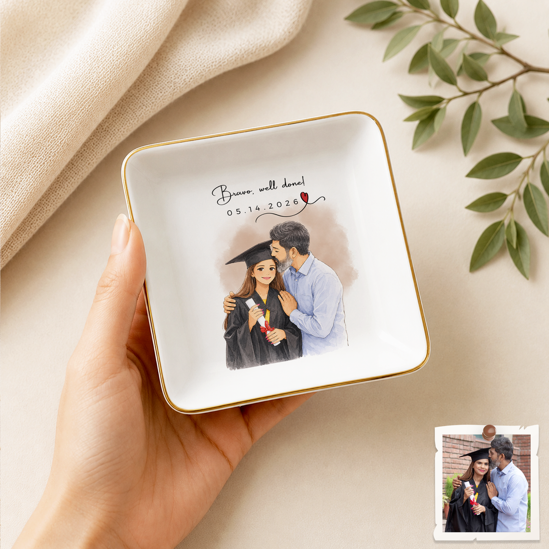 Personalized Graduation Photo Anime Illustration Trinket Dish with Custom Text, Custom Graduate Keepsake Gift