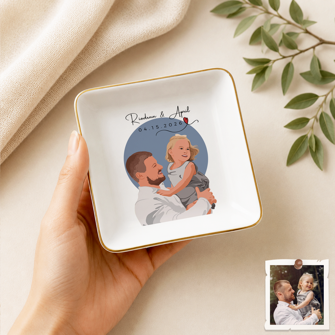 Personalized Dad & Kid Photo Illustration Trinket Dish with Custom Text, Custom Father Keepsake Gift