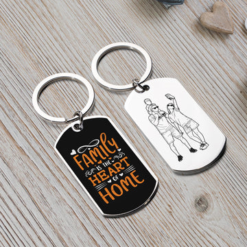 Personalized Family Photo Line Art Keychain - Custom Engraved "Family is the Heart of Home" Stainless Steel Keepsake