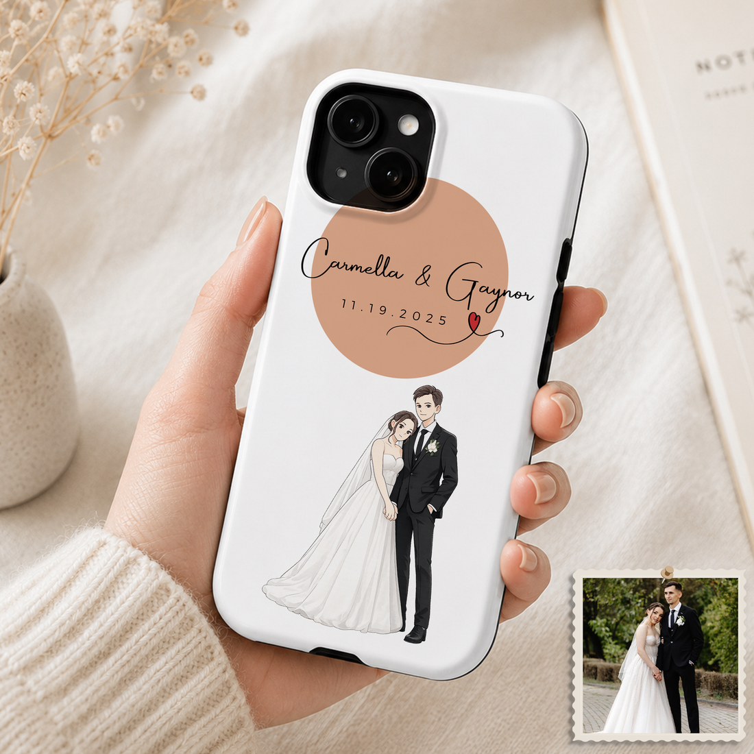 Tough Phone Case for iPhone & Samsung, Personalized Couple Engagement Anime Illustration Case with Custom Text