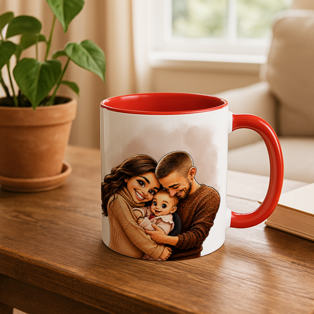 Personalized Family Photo to Caricature Art Accent Mug with Custom Text - 11, 15 oz