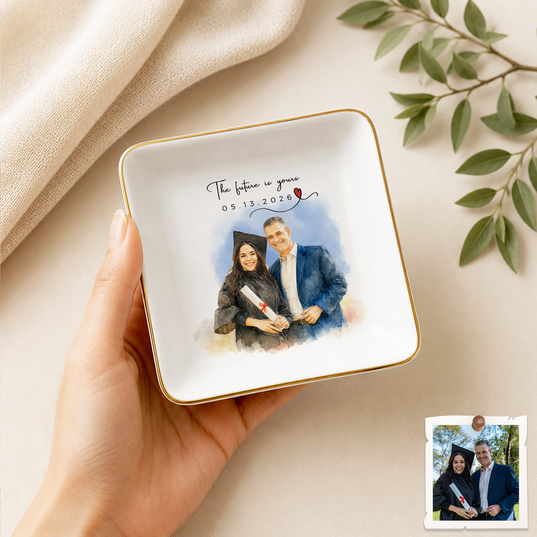 Personalized Graduation Photo Water Color Trinket Dish with Custom Text, Custom Graduate Keepsake Gift