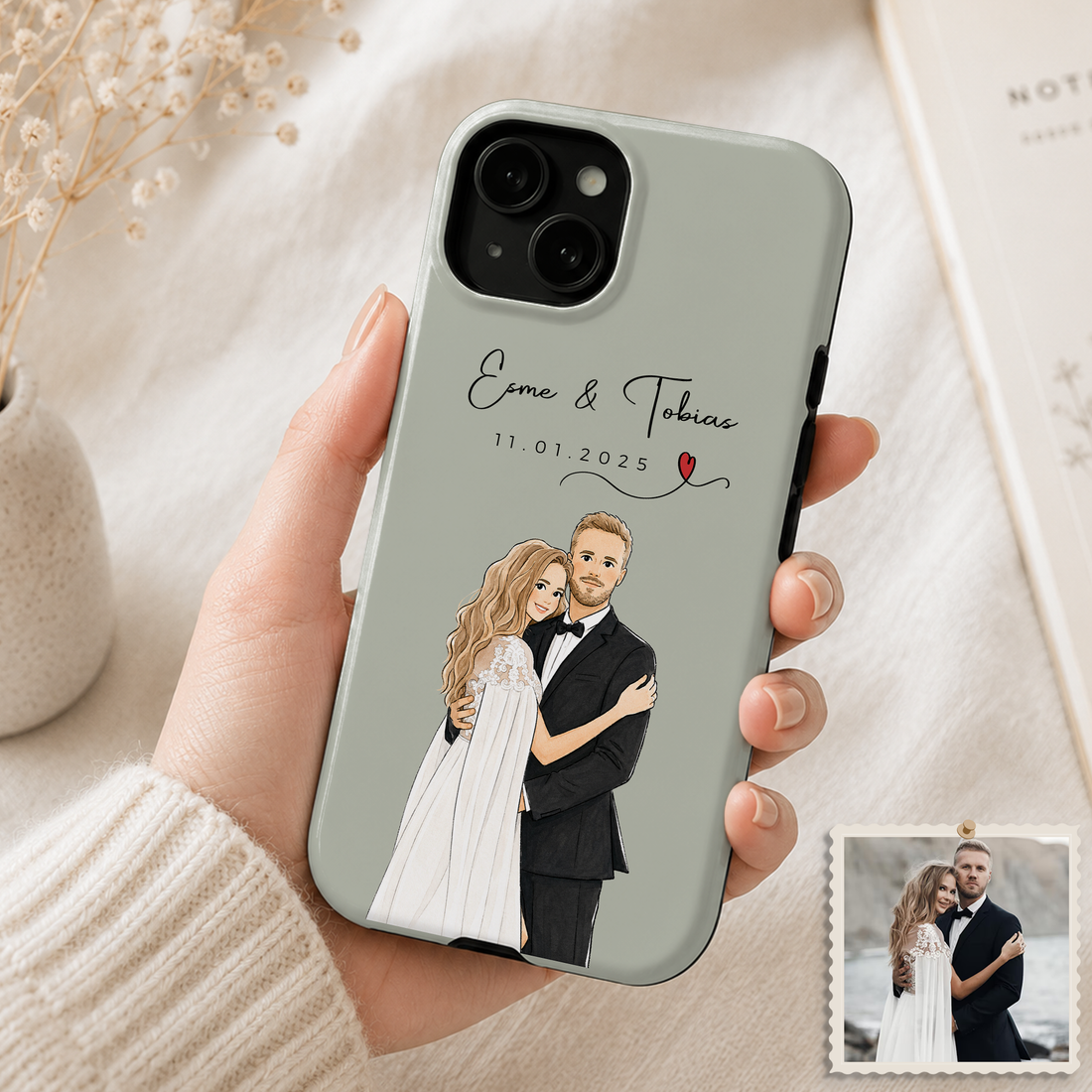 Tough Phone Case for iPhone & Samsung, Personalized Wedding Water Color Doodle Case with Custom Text