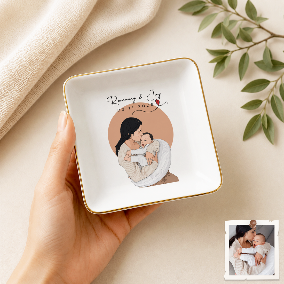 Personalized Mom & Kid Photo Illustration Trinket Dish with Custom Text, Custom Mother Keepsake Gift