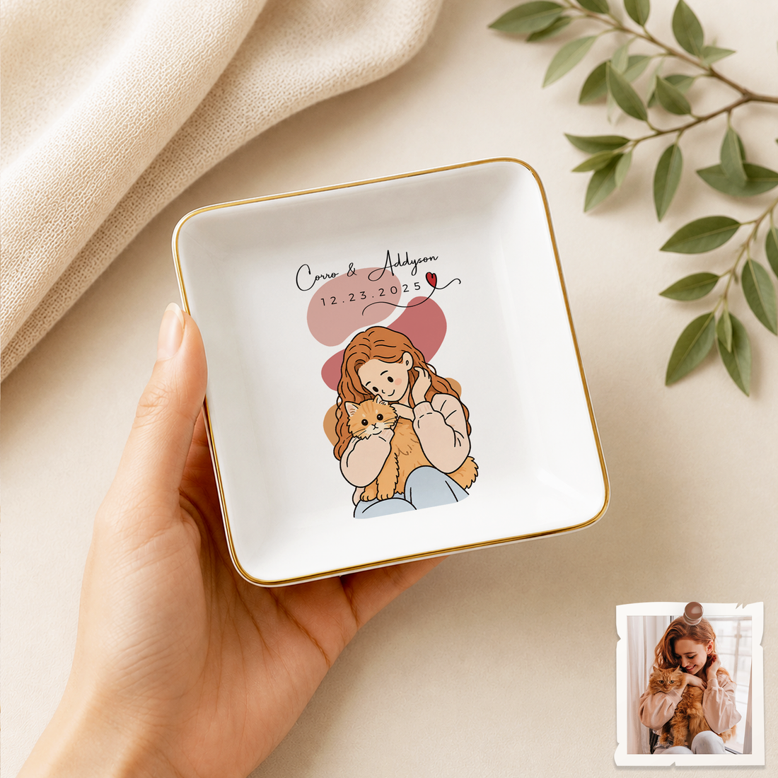 Custom Dog Cat & Owner Photo Funny Doodle Trinket Dish with Personalized Text, Cute Pet Parent Keepsake Gift