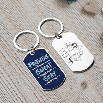 Personalized Friends Photo Line Art Keychain - Custom "Friends That Sweat Together Stay Together" Quote with Engraved Stainless Steel Portrait