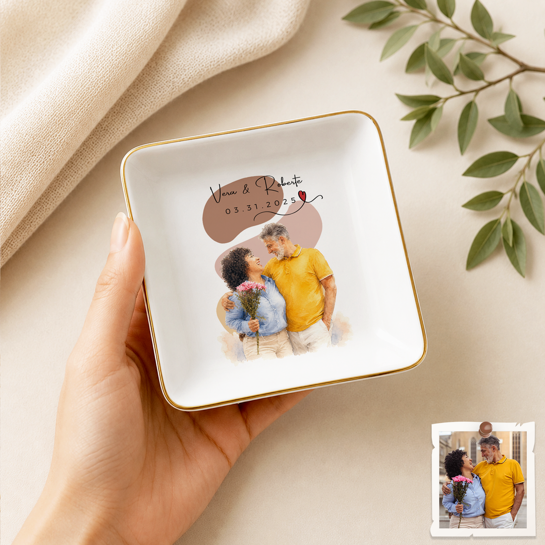 Personalized Young Couple Photo Water Color Trinket Dish with Custom Text, Custom Romantic Keepsake Gift