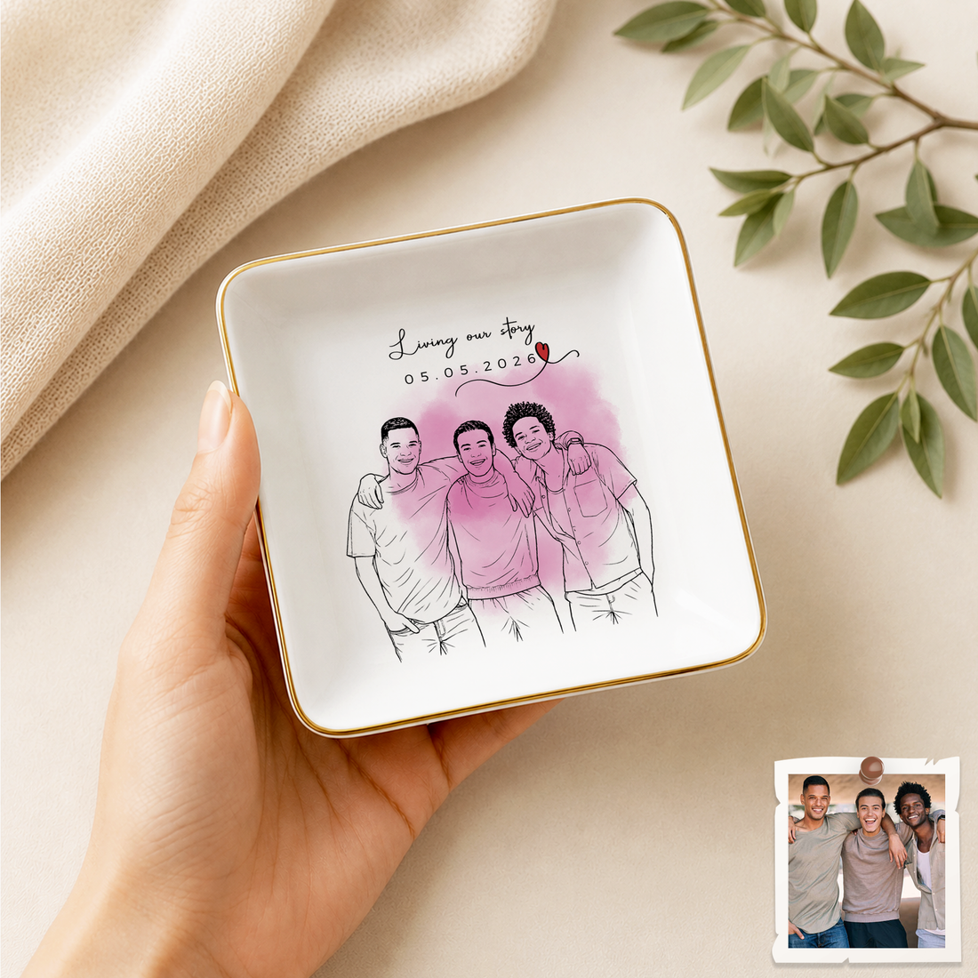 Personalized Friend Photo Detailed Line Art Trinket Dish with Custom Text, Custom Best Friend Keepsake Gift