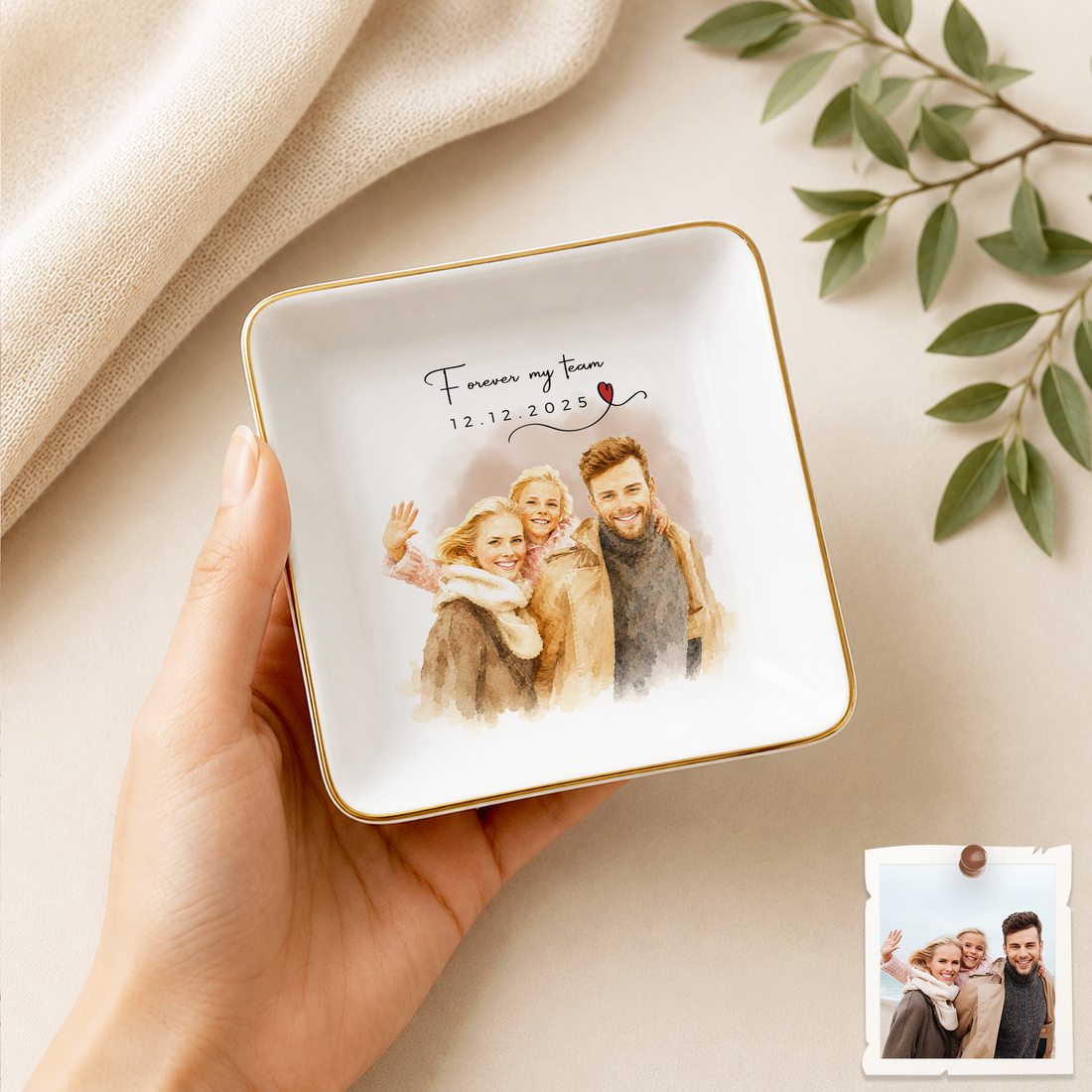 Personalized Big Family Photo Water Color Trinket Dish with Custom Text, Custom Family Keepsake Gift